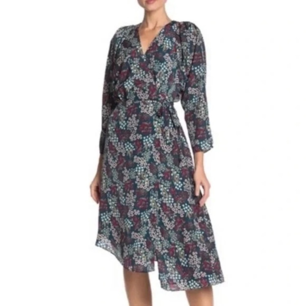Joie Acantha Green Floral Midi Wrap Dress with Asymmetrical Hem, Size L